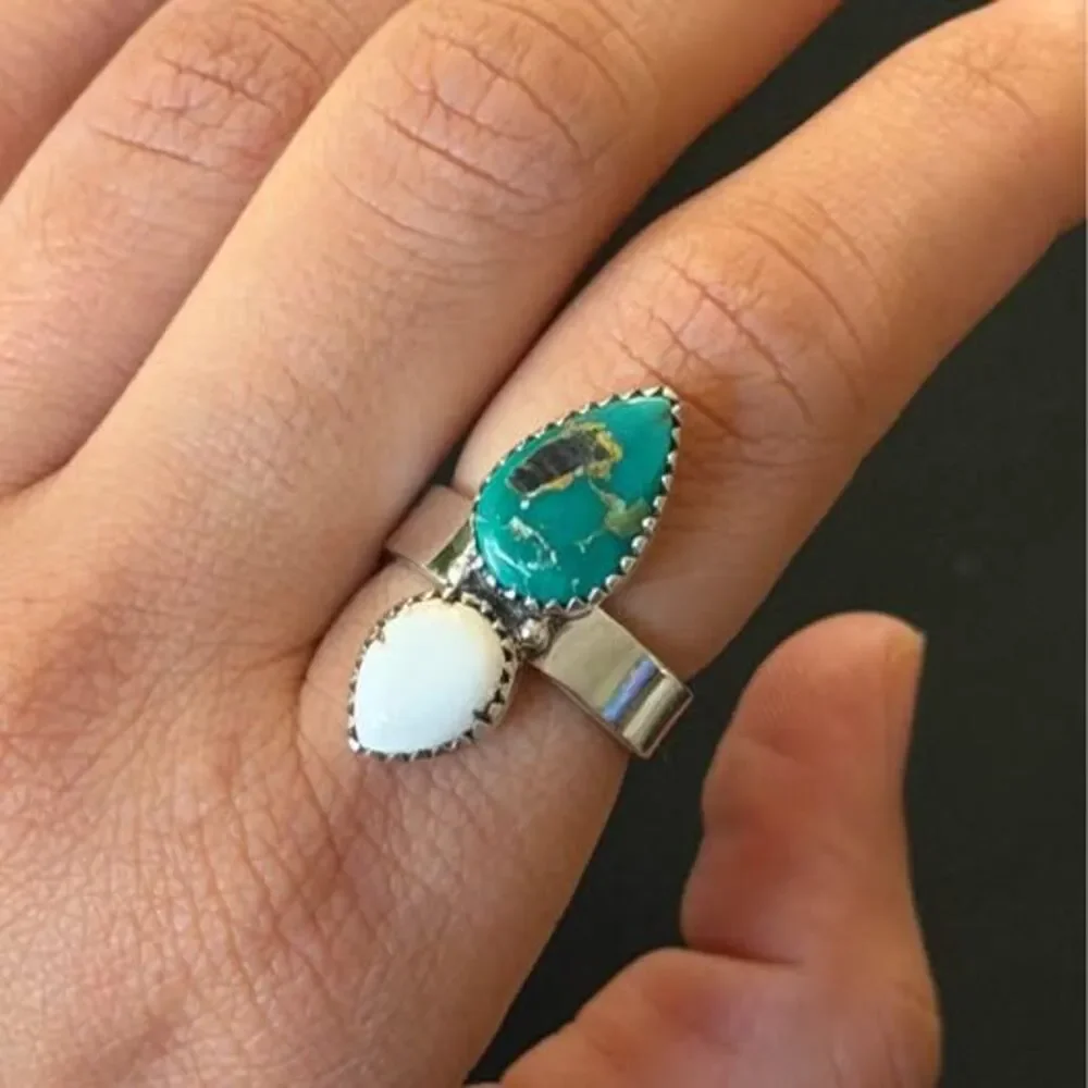 Green & Wild Horse Turquoise Sterling Silver Ring — Adjustable 7–8.5
